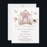 Pink Fairies Double Birthday Bash Kids Einladung<br><div class="desc">Elegante rosa Blumengartentor Aquarellbild. Kinder im Frühjahr und Herbst zweifacher Geburtstagsparty. Frühling oder Sommer</div>