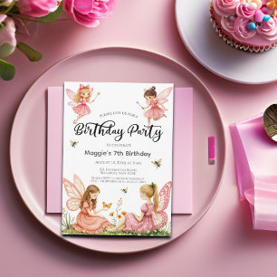 Pink Fairies Woodland 7. Geburtstagsparty Einladung