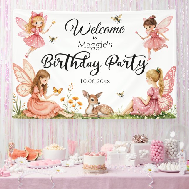 Pink Fairies Woodland Dei Birhday Party Willkommen Banner (Party)