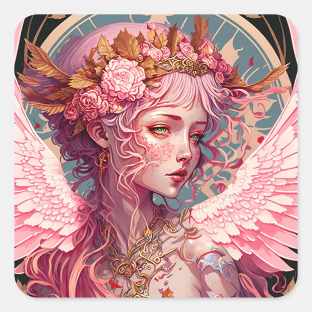 Pink Fairy Angel Fantasy Art Quadratischer Aufkleber (Vorderseite)