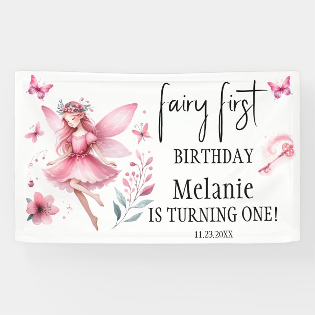 Pink Fairy Butterfells Magic Wand Erster Geburtsta Banner (Horizontal)