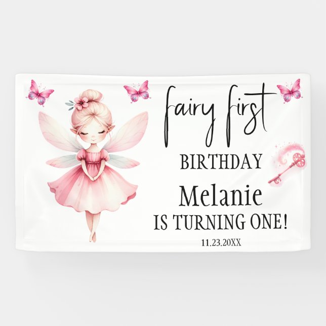 Pink Fairy Butterfells Magic Wand Erster Geburtsta Banner (Horizontal)