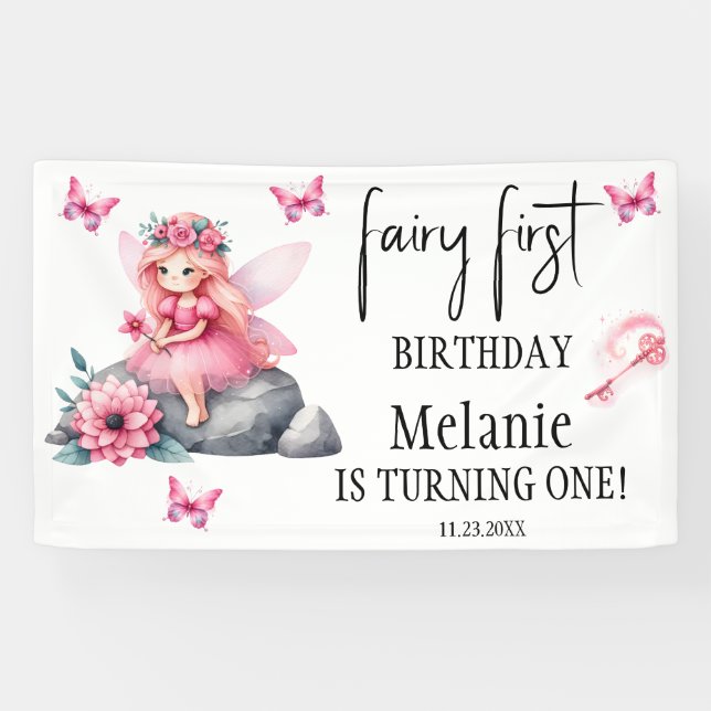 Pink Fairy Butterfells Magic Wand Erster Geburtsta Banner (Horizontal)