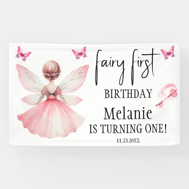 Pink Fairy Butterfells Magic Wand Erster Geburtsta Banner (Horizontal)