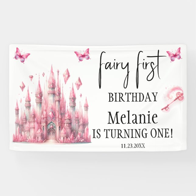Pink Fairy Castle Rosa Schmetterlinge Erster Gebur Banner (Horizontal)
