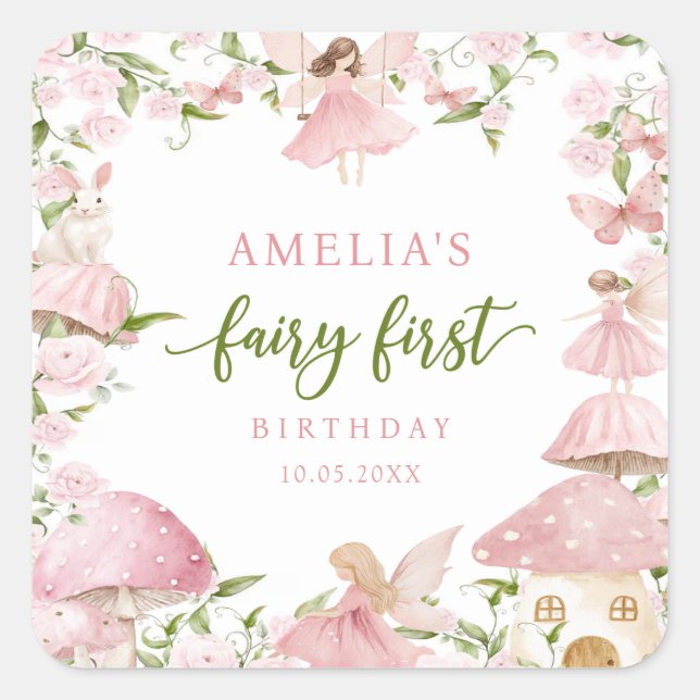 Pink Fairy First Birthday Party Sticker (Vorderseite)