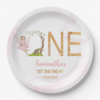 Pink Fairy Floral Forest 1. Geburtstag Pappteller