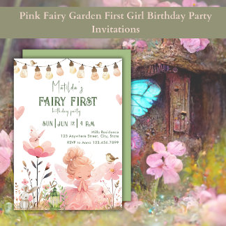 Pink Fairy Garden First Girl Birthday Party Einladung