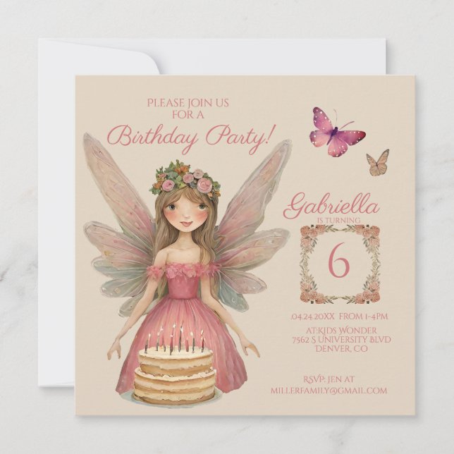 Pink Fairy Girls Geburtstag Einladung (Vorderseite)