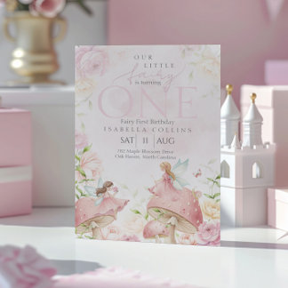 Pink Fairy Mushroom Floral Garden 1st Birthday  Einladung