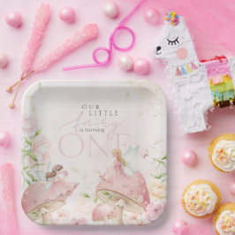 Pink Fairy Mushroom Floral Garden 1st Birthday Pappteller