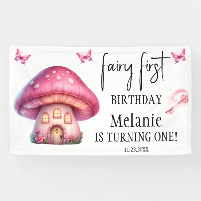 Pink Fairy Mushroom House Erster Geburtstag Banner (Horizontal)