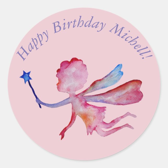 Pink Fairy Watercolor DrawinClassic Round Sticker (Vorderseite)