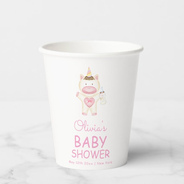 Pink Fairytale Unicorn Flasche Baby Dusche Pappbecher (Vorderseite)