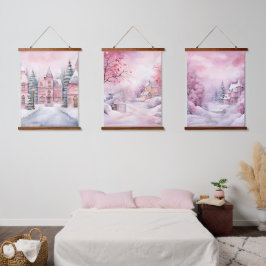 Pink Fairytale Winter Wonderland Wandteppich Mit Holzrahmen