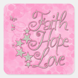 Pink Faith Hope Liebe Butterflies Stars Tugenden Quadratischer Aufkleber