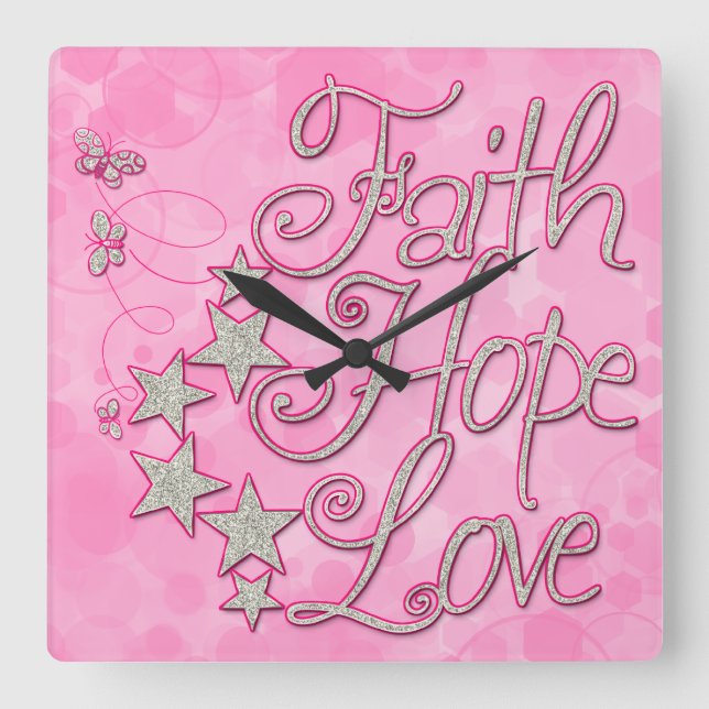 Pink Faith Hope Liebe Stars Schmetterlinge Uhr (Vorderseite)