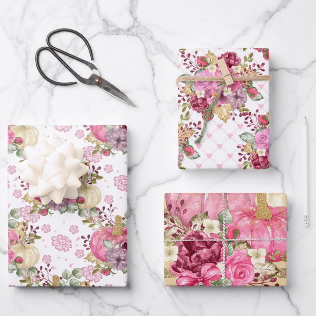 PINK FALL AUTUMN PUMPKINS & WATERCOLOR BLUME GESCHENKPAPIER SET (Vorderseite)