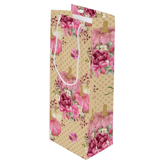 PINK FALL AUTUMN PUMPKINS & WATERCOLOR BLUME GESCHENKTÜTE FÜR WEINFLASCHEN (Vorderseite Schrägansicht)