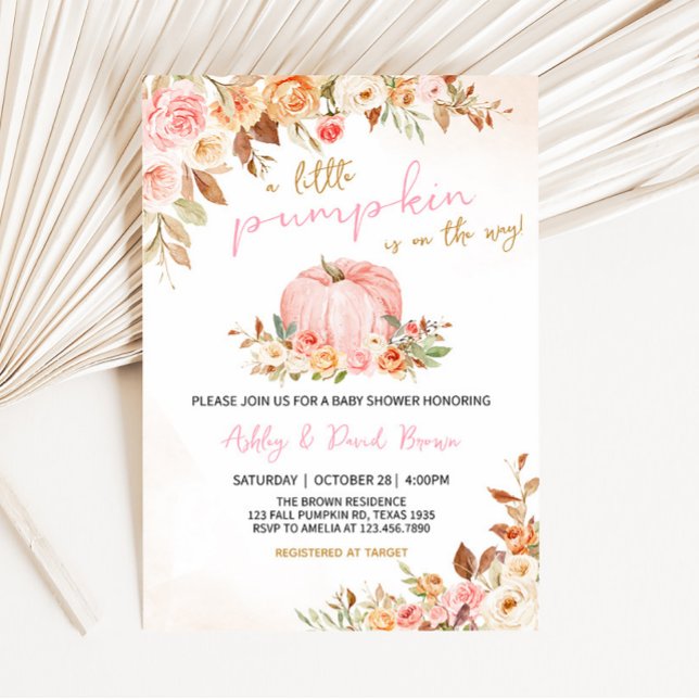 Pink Fall Floral Pumpkin Baby Dusche Einladung (Girl Autumn Baby Shower Invitation)