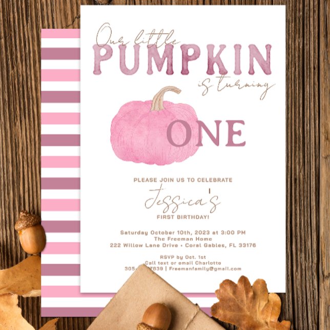 Pink Fall Pumpkin 1. Geburtstag Party Einladung (pink pumpkin modern watercolor birthday party invitation)