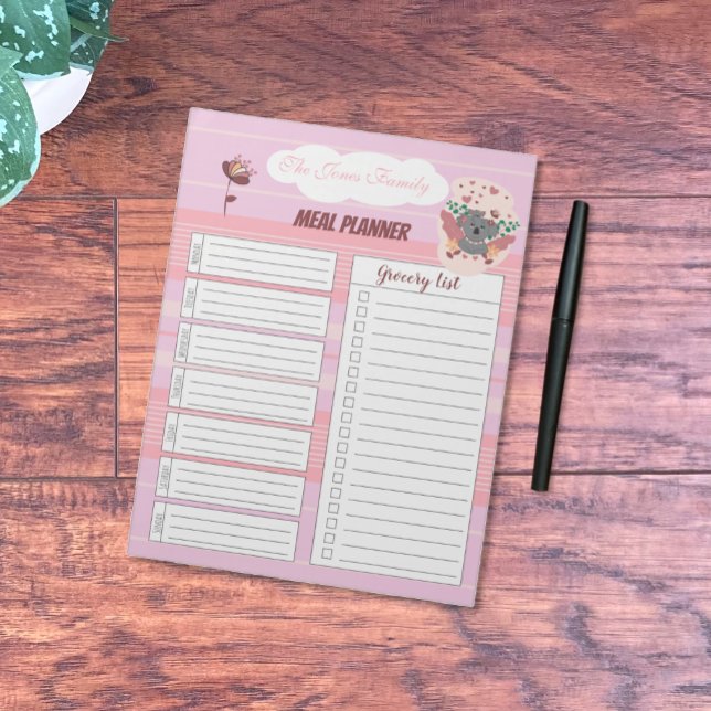 Pink Familienmahlplaner Notepad mit Koala Notizblock (Pink family meal planner notepad designed to help new mom stay organized .)