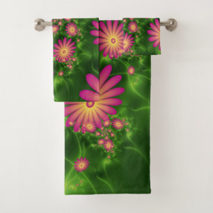 Pink Fantasy Blume Moderne Abstrakte Fraktal Kunst Badhandtuch Set