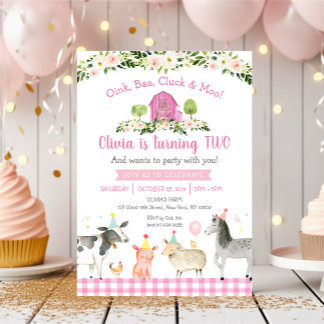 Pink Farm Animal Floral 2nd Birthday Einladung