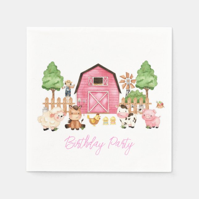 Pink Farm Animals Geburtstagsparty Serviette (Vorderseite)