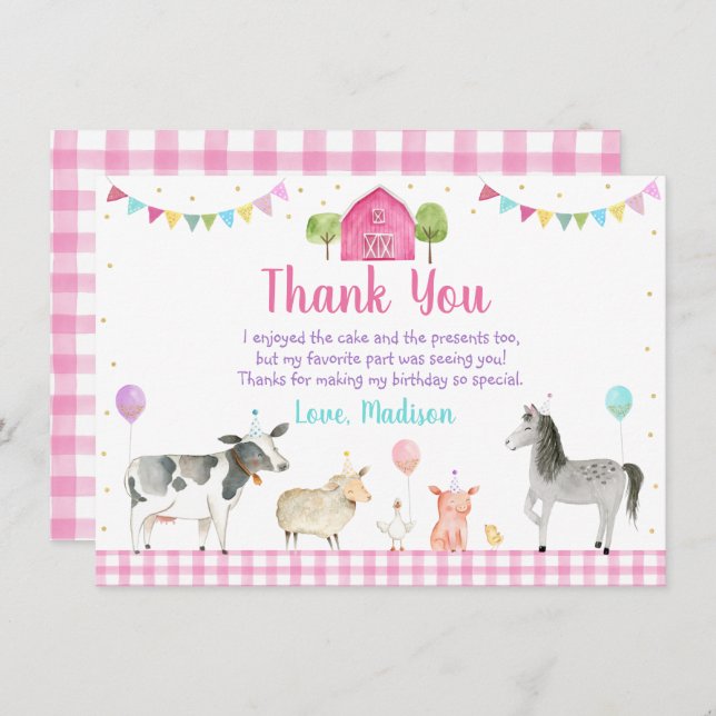 Pink Farm Barnyard Farm Animal Birthday Dankeskarte (Vorne/Hinten)