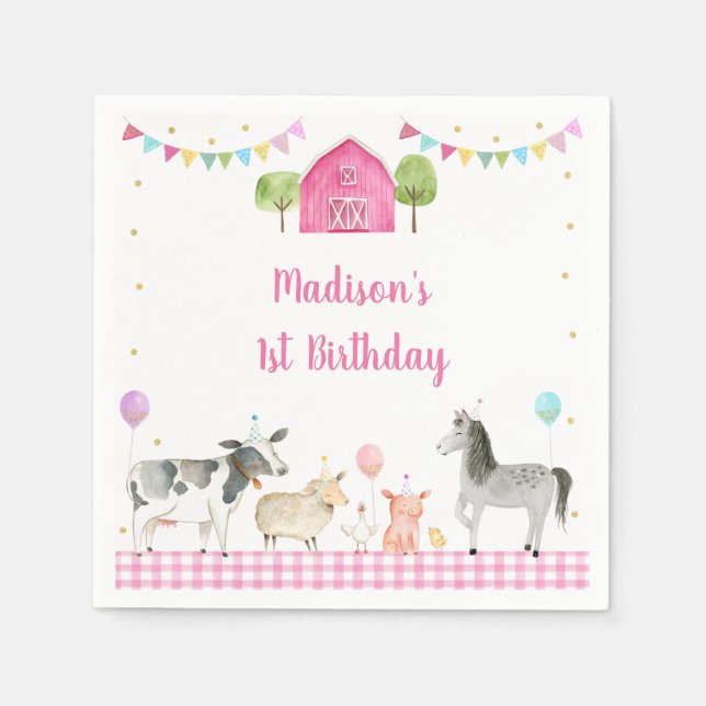 Pink Farm Barnyard Geburtstag Serviette (Vorderseite)