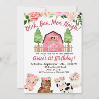 Pink Farm Floral Barnyard 1. Geburtstag Einladung