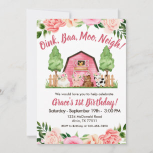 Pink Farm Floral Barnyard 1. Geburtstag Einladung