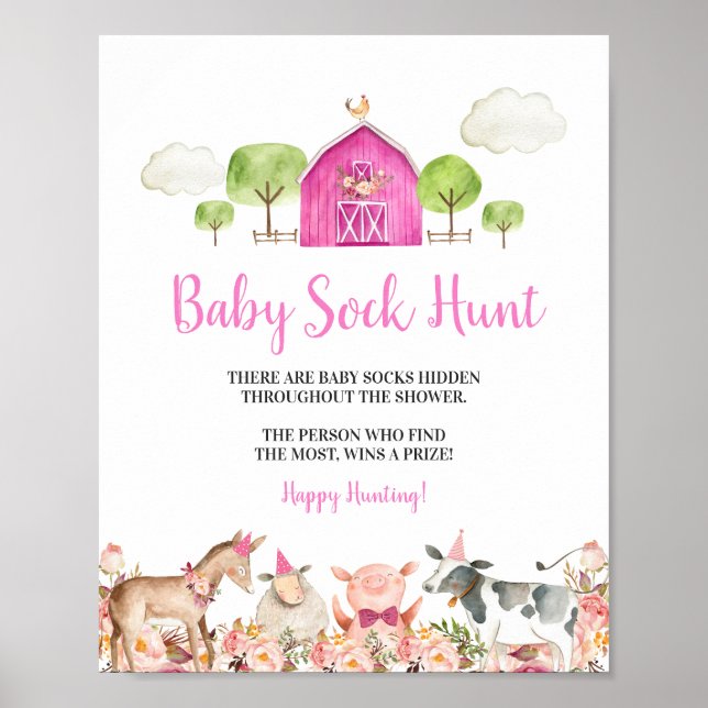 Pink Farm House Animals Barnyard Baby Sock Hunt Poster (Vorne)