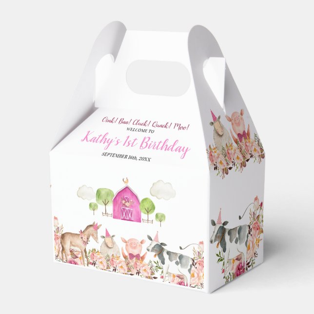 Pink Farm House Tiere Barnyard 1. Geburtstag Geschenkschachtel (Vorderseite)