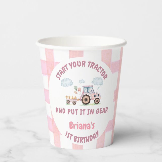 Pink Farm Tractor Girl Any Age Birthday Pappbecher (Rückseite)