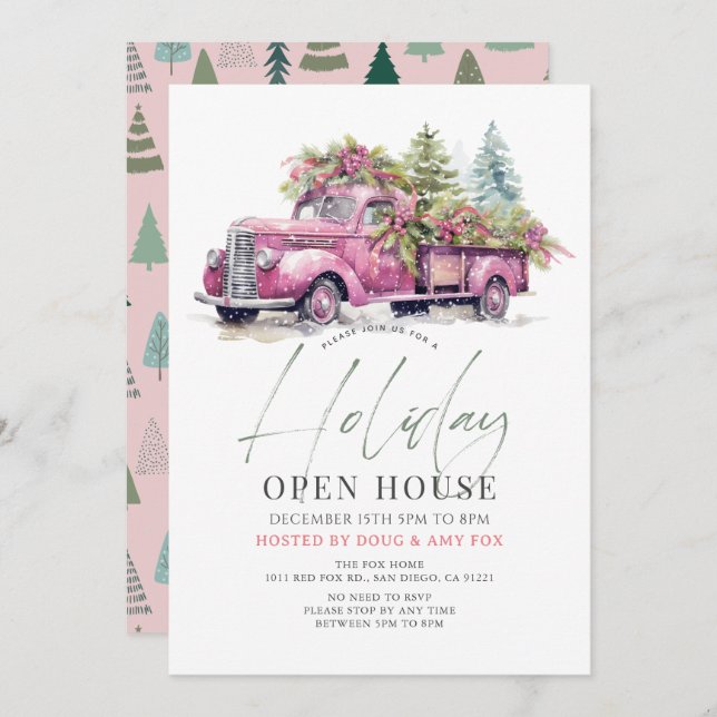 Pink Farm Truck Christmas Holiday Open House Einladung (Vorne/Hinten)
