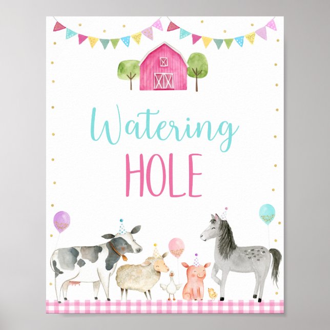 Pink Farm Watering Hole Geburtstagszeichen Poster (Vorne)
