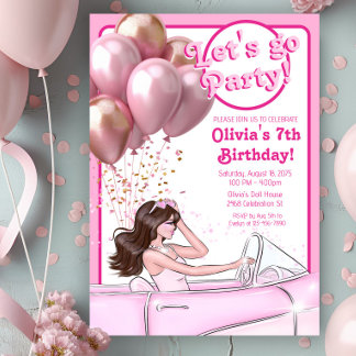 Pink Fashion Doll Car Geburtstagsparty Einladung