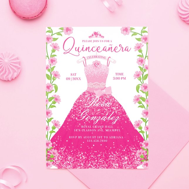 Pink Fashion Dream Princess Gown Quinceanera Party Einladung (Pink Fashion Dream Princess Gown Quinceanera Party Invitation)