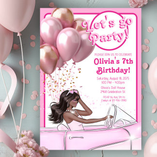Pink Fashion Melanin Doll Car Geburtstagsparty Einladung