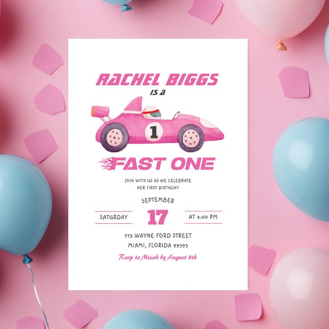 Pink Fast One Retro Racing Car Girl Erstgeburt Einladung (Von Creator hochgeladen)