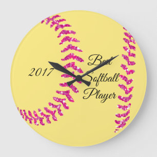 Pink Faux Glitter Softball Stitches Große Wanduhr