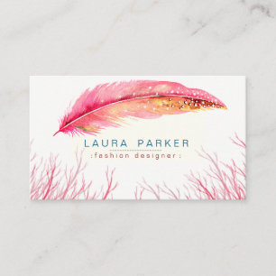 Pink Feather Watercolor Boho Girly Chic Bohemisch Visitenkarte