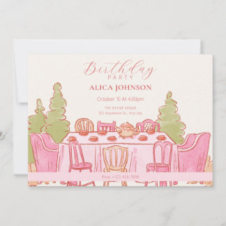 Pink feminin pastellfarbener Tee Party Geburtstag Einladung