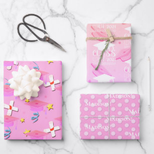 Pink feminine Abschluss fügen ein Namensschild hin Geschenkpapier Set