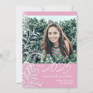 Pink Fern Vintage Photo Graduation Einladung