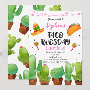 Pink Fiesta Taco Twosday Watercolor Cactus Invite Einladung