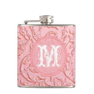 Pink Filigree Holzkarving Monogram Whiskey Flask Flachmann