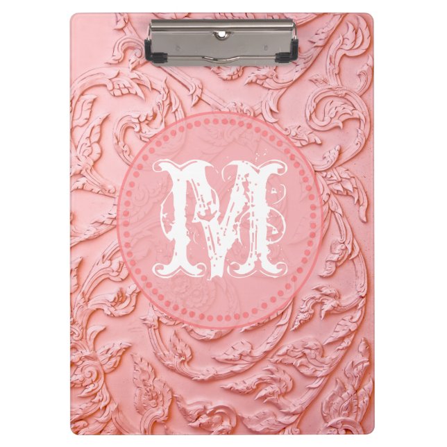 Pink Filigree Wood Monogram Initial Clip Board Klemmbrett (Vorderseite)